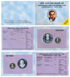 2009 Proof Set, Homi Bhabha Birth Centenary, set of Rupees 10 (bi-metal) and 100. In immac