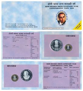 2009 Proof Set, Homi Bhabha Birth Centenary, set of Rupees 10 (bi-metal) and 100. In immac