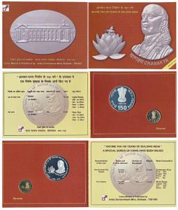 2010 Proof Set, Income Tax 150 years of building India, Chanakya, set of 2, Rupees 5 and 1