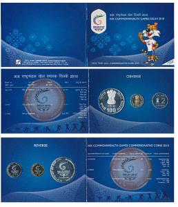 2010 Proof Set, XIX Commonwealth Games Delhi, set of 3, Rupees 2 to Rupees 100. In immacul