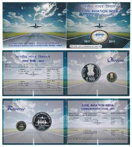 2011 Proof Set, 100 years Civil Aviation India, set of 2, Rupees 5 and 100. In immaculate 
