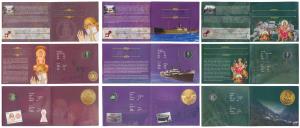 All single commemorative coins in mint packaging, all Rupees 5, 2014 Centenary Commemorati