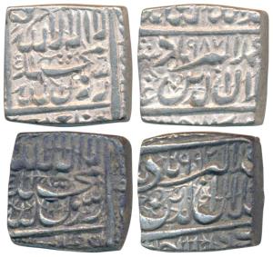 Akbar, Silver Square Rupee, 11.42g, Ahmedabad Mint, AH 987 & 992, Kalima type, (KM 82.1). 