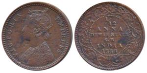 Krishnaji Rao (1860-1899 AD), Copper 1/12 Anna, with the name and portrait of Victoria Emp