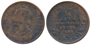 Krishnaji Rao (1860-1899 AD), Copper ¼ Anna, with the name and portrait of Victoria Empres