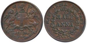 Copper ½ Anna, 1835; 1845, obv. coat of arms of the EIC and date below, rev. value within 