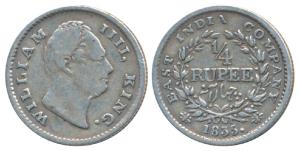 William IV, Silver ¼ Rupee, 1835, Calcutta Mint, Dug out F incuse, Wreath with 18 Berries 