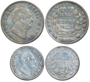 William IV, set of 2, Silver ½ Rupee and ¼ Rupee, the first Calcutta Mint, F incuse, 19 Be