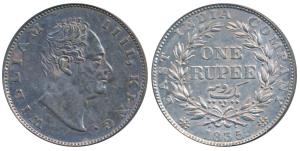 William IV, Silver Rupee, 1835, Calcutta Mint, F incuse dot after F, A / II, Bud leaves, 1