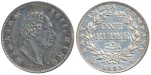 William IV, Silver Rupee, 1835, Calcutta Mint, F incused, A / II, Bud Leaves, 19 Berries, 