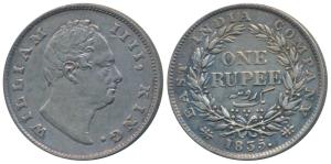 William IV, Silver Rupee, 1835, Calcutta Mint, F raised, A / I, Two leaves, 19 Berries, (P