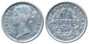 Victoria Queen, Silver ¼ Rupee, 1840, divided Legend, Calcutta / Bombay Mint, WW raised, 1