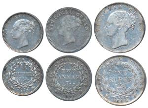 Victoria Queen, set of 3, Silver Rupee, ¼ and 2 Annas, 1840 & 1841, Continuous legend, (Pr