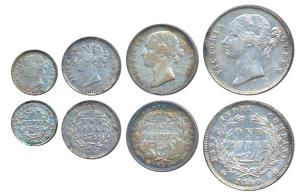 Victoria Queen, set of 4, Silver Rupee, ½, ¼ and 2 Annas, 1840 & 1841, Divided legend, Cal
