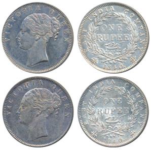 Victoria Queen, Silver Rupee (2), 1840, continuous legend, Calcutta Mint, English Head, Re
