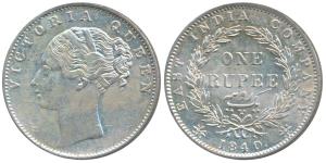 Victoria Queen, Silver Rupee, 1840, continuous legend, Calcutta Mint, Indian Head, 35 Berr