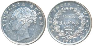 Victoria Queen, Silver Rupee, 1840, continuous legend, Bombay Mint, English Head with Modi