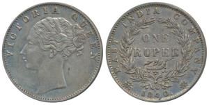 Victoria Queen, Silver Rupee, 1840, continuous legend, Calcutta Mint, Indian Head, 35 Berr