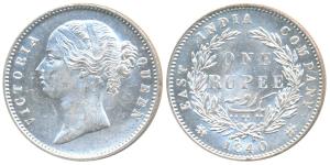 Victoria Queen, Silver Rupee, 1840, divided legend, Calcutta / Bombay Mint, W.W. raised, 2
