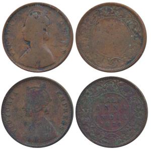 Victoria Queen, ½ Anna (2), 1862 & 1877 Madras Mint (Prid 577, 586). Poor and Fine. (2)