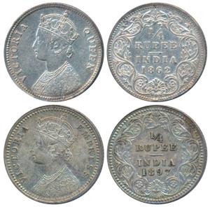 Victoria Queen, Silver ¼ Rupee (2), 1862, A / I, No mint mark (Prid 376); ¼ Rupee, 1897, C