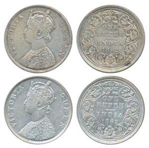 Victoria Queen, Silver Rupee, 1862, Madras Mint, B / II, scroll like floral design on the 