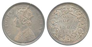 Victoria Queen, Silver Rupee, 1862, Calcutta Mint, A / II, plain cone over E of ONE and re