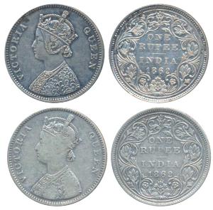 Victoria Queen, Silver Rupee, 1862, Bombay Mint, A / II / 0 / 7, without crescent (Prid 87