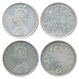 Victoria Queen, Silver Rupee, 1862, Bombay Mint, A / II / 1 / 2 (Prid 103). Very Fine. (2)