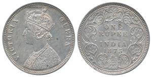 Victoria Queen, Silver Rupee, 1875, Calcutta Mint, A1 / I / no mint mark (Prid 113). Minor