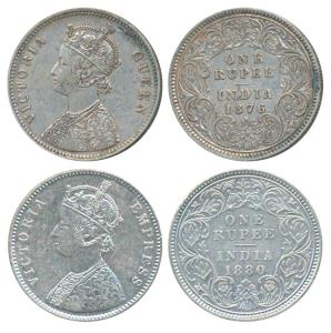 Victoria Queen, Silver Rupee, 1876, Calcutta Mint, A1 / I / No mint mark (Prid 114); 1880,