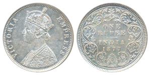 Victoria Empress, Silver Rupee, 1877, Bombay Mint, A6 / I / dot, Unlisted in Pridmore. Ext