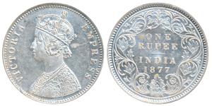 Victoria Empress, Silver Rupee, 1877, Calcutta Mint, A1 / I / No mint mark (Prid 115). Nic