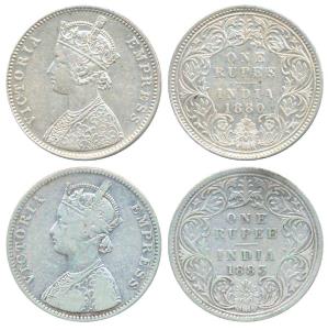 Victoria Empress, Silver Rupee, 1880, Bombay Mint, A3/I/ dot, (Prid 156); 1883, Bombay Min