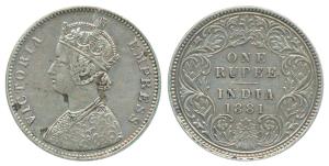 Victoria Empress, Silver Rupee, 1881, Calcutta Mint, A / I / C incuse (Prid 119). Very Fin