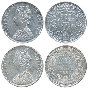 Victoria Empress, Silver Rupee, 1883, Bombay Mint, A3 / I / dot, (Prid 162); 1884, Calcutt