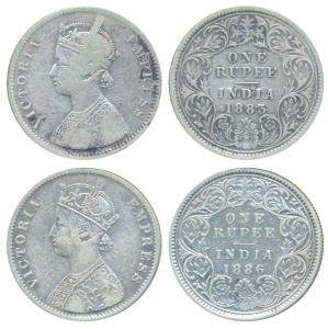 Victoria Empress, Silver Rupee, 1883, Calcutta Mint, A1 / I / C incuse, (Prid 122); 1886, 