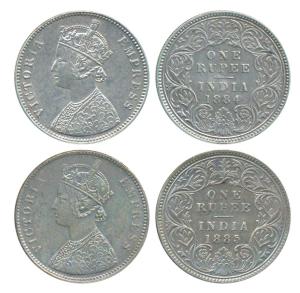 Victoria Empress, Silver Rupee, 1884, Calcutta Mint, A1 / I / C incuse (Prid 123); 1885, C