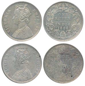 Victoria Empress, Silver Rupee, 1885, Bombay Mint, A3 / I / B raised (Prid 169); 1892, Bom