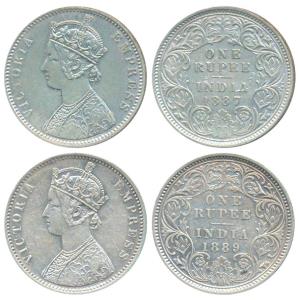 Victoria Empress, Silver Rupee, 1887, Calcutta Mint, C3 / I / C incuse (Prid 128); 1889, C