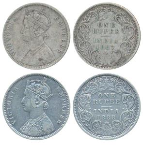 Victoria Empress, Silver Rupee, 1887, Calcutta Mint, C3 / I / C incuse. (Prid 128); 1888, 