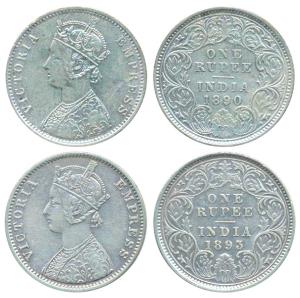 Victoria Empress, Silver Rupee, 1890, Calcutta Mint, C3 / I / C incuse, (Prid 131); 1893, 