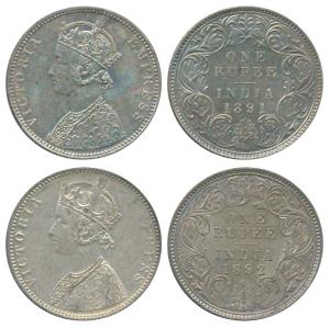 Victoria Empress, Silver Rupee, 1891, Bombay Mint, C2 / I / B incuse, (Prid 179); 1892, Bo