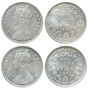 Victoria Empress, Silver Rupee, 1900, Calcutta Mint, C3 / I / C incuse (Prid 138); 1901, C