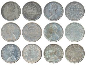 Victoria Queen & Empress, Silver Rupee, 1862, 1874, 1877, 1878, 1879 & 1880. Fine+. (6)