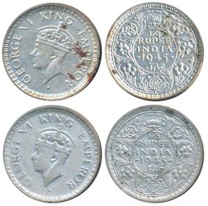 George VI, Half Silver ¼ Rupee (2), 1945, Bombay Mint, Rev III / dot, Large and Open 5; Ca