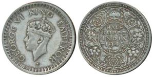 George VI, Half Silver ½ Rupee, 1945, Bombay Mint, D / Ia / dot, Large and Open 5 in Date,