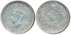 George VI, Half Silver ½ Rupee, 1945, Lahore Mint, B / Ia / L, Large and open 5 in date, U