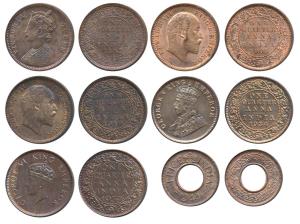 Copper ¼ Anna (5), Victoria Queen, 1862; Edward VII, 1905, 1910; George V, 1934; George VI