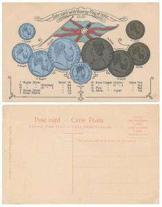 Embossed Postcard with impression of British India (Victoria and Edward Rupee and Anna ser